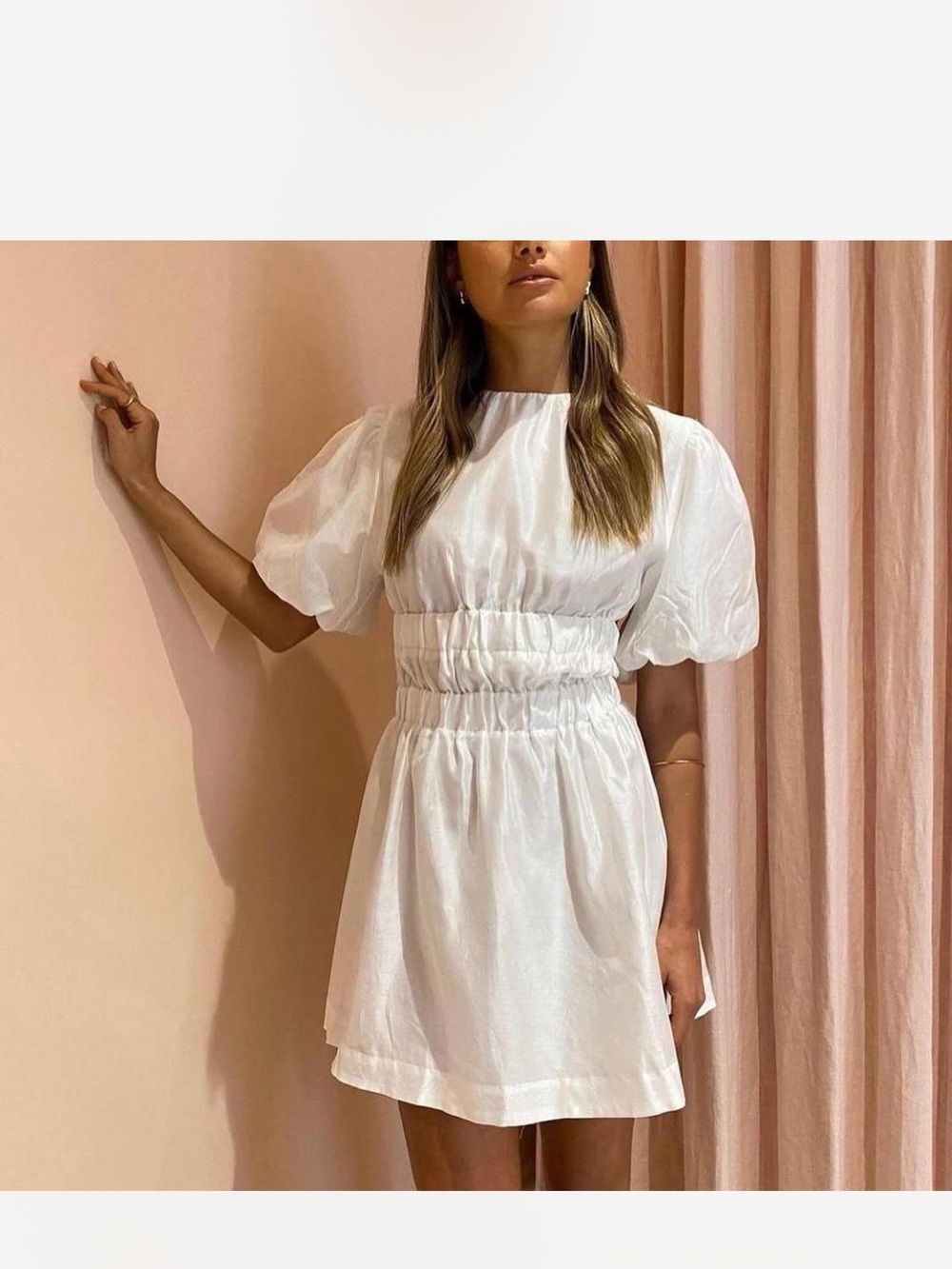 Sir. Smocked Waist White Puff-Sleeve Mini Dress